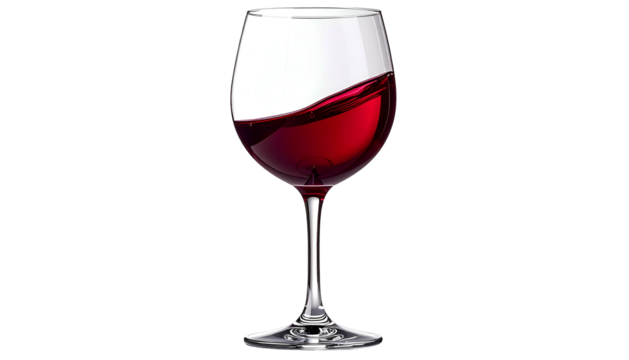A stemware glass is mostly filled with red liquid, with a small wave near the top