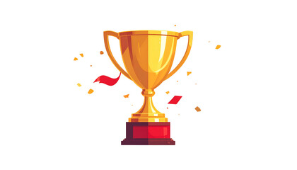 Gold trophy illustration with red accents, confetti, and a black background