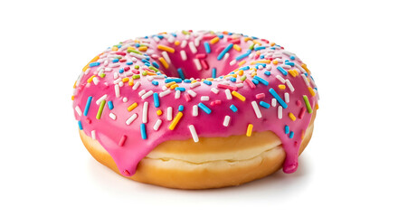 A single donut with pink frosting and colorful sprinkles isolated on a white background surface view