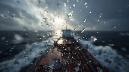 Rain droplets scatter across the lens, capturing a stormy sea. In the background, a ship navigates rough waters, emphasizing the journey. Focuses on: water, ship, movement.