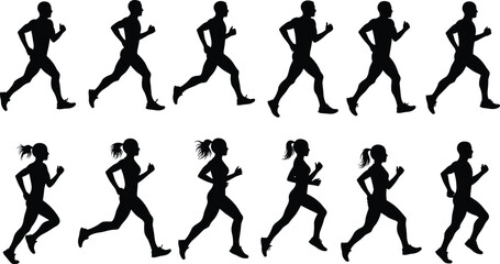 Running silhouette sequence of male and female athletes, jogging and marathon motion illustration, fitness workout vector design for sports training, health, exercise concepts