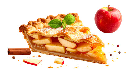 A slice of apple pie with a whole apple, cinnamon stick, and peppercorns