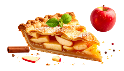 A slice of apple pie with a whole apple, cinnamon stick, and peppercorns