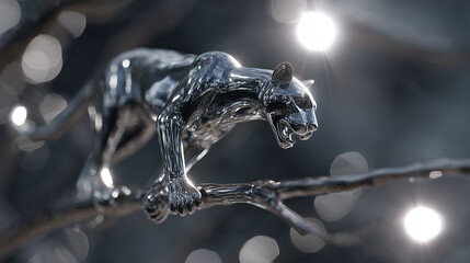 A polished panther sculpture climbs a slender branch, showcasing its muscular build. Its shiny surface reflects light, creating visual interest. Focuses on: panther, sculpture, branch.