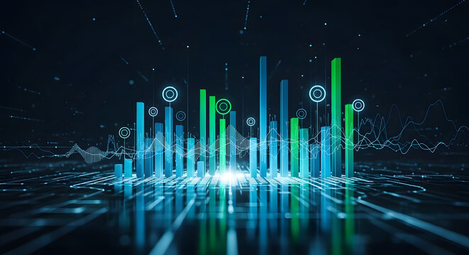 Abstract Infographic Background with Glowing Blue and Green Bars and Lines Forming Digital Data Visuals for Business Data Analysis and Presentation on Dark Backdrop for High Tech Concept