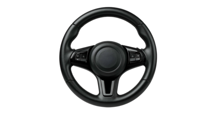 A frontal, isolated view of a black car steering wheel on a contrasting black background