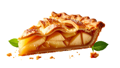 A golden slice of apple pie with lattice crust, showing juicy filling, and garnish