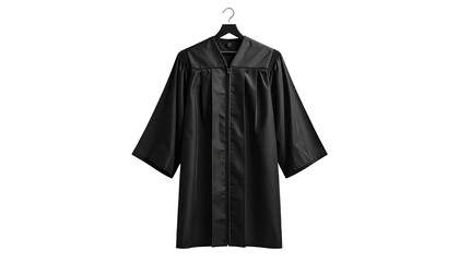 A black academic gown hangs on a black hanger against a black background