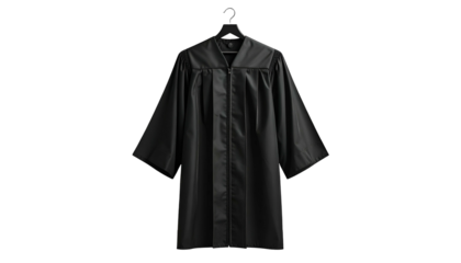 A black academic gown hangs on a black hanger against a black background