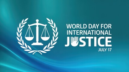 World day for international justice with scales and leaves on a blue green background design