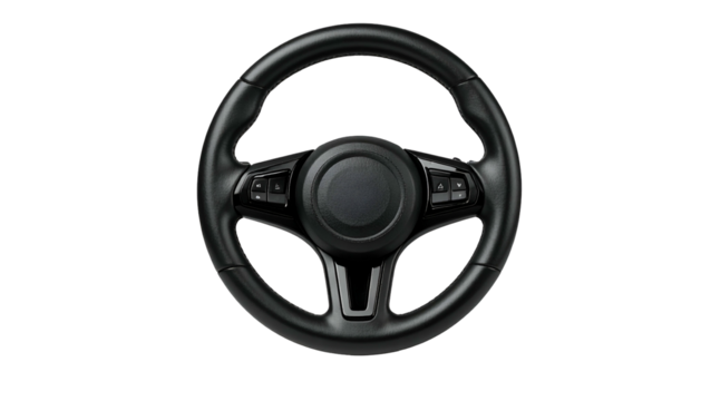 A frontal, isolated view of a black car steering wheel on a contrasting black background