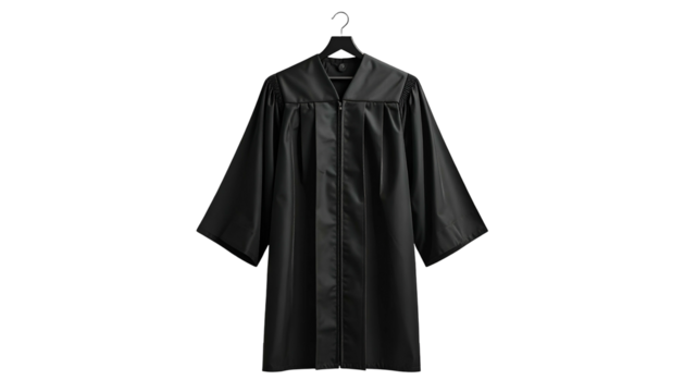 A black academic gown hangs on a black hanger against a black background