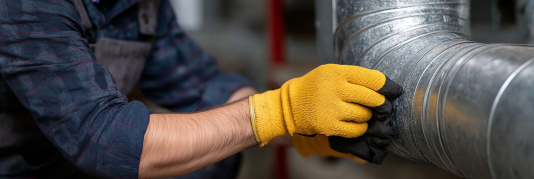A technician wearing vibrant yellow gloves meticulously adjusts a metallic pipe, showcasing attention to safety and precision in a commercial environment focused on maintenance.