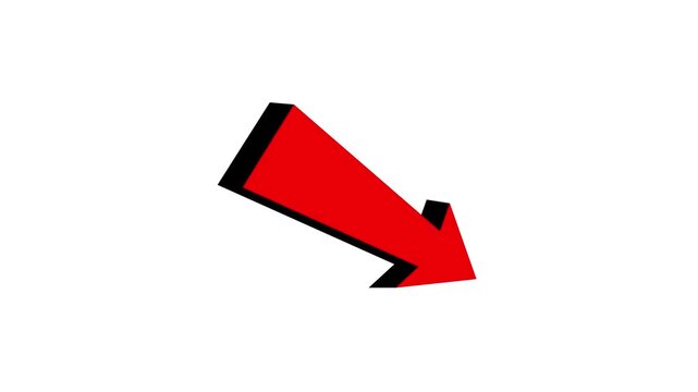 Red 3D arrow animation on white screen background, isolated red down arrow animation for video overlay 4k.