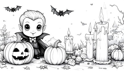 Halloween coloring page with cute vampire, pumpkins, and bats.