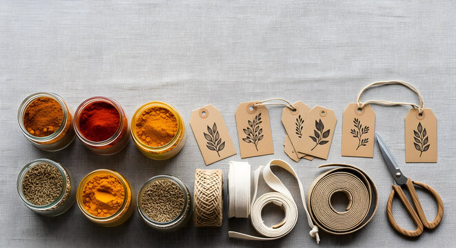 Creative flat lay of aromatic spices in glass jars with rustic DIY gift wrapping supplies, including stamped tags, natural ribbon, and vintage scissors