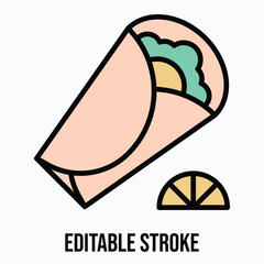 Tasty Mexican Burrito with Fresh Vegetables and Lemon Slice Isolated Vector Lineal Colour Style Icon Editable Stroke.