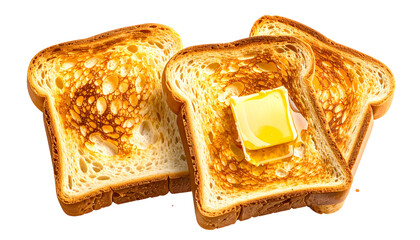 Three slices of golden-brown toast, one with melting butter, against a transparent background