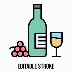 Wine Bottle with Glass and Grapes Symbolizing Luxury Drink and Celebration Isolated Vector Lineal Colour Style Icon Editable Stroke.