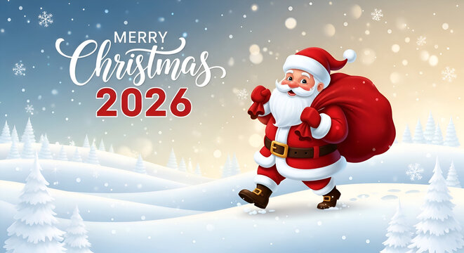 Merry Christmas 2026 cheerful Santa Claus carrying red gift bag walking in snowy winter landscape with pine trees festive background holiday celebration new year eve season joy love and happiness 
 - Powered by Adobe