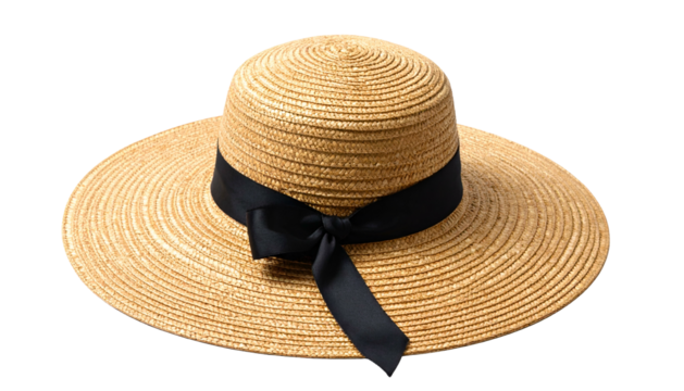 Wide-brimmed woven hat with a black ribbon bow, seen against a black background