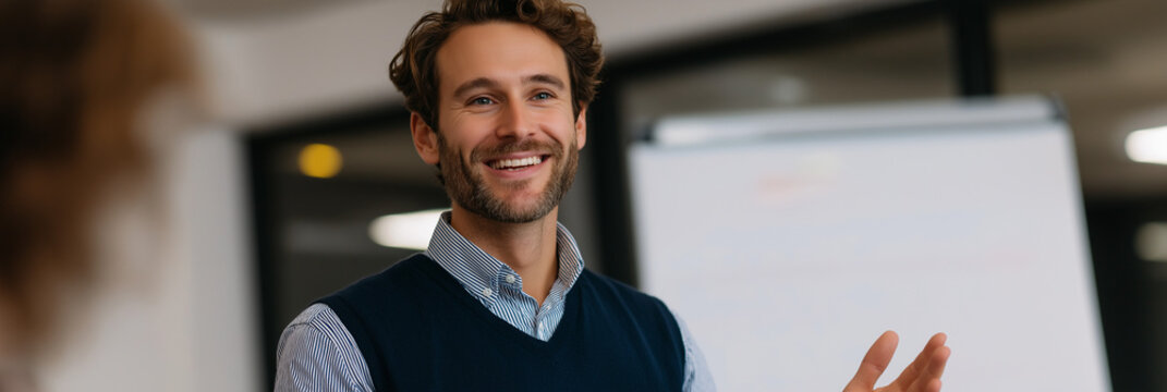 A confident male speaker engages an audience, showcasing effective communication skills and displaying a friendly demeanor in a professional setting.