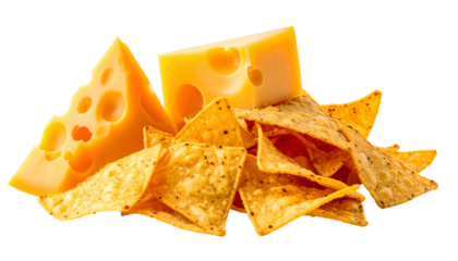 Triangular tortilla chips and sliced Swiss-style cheese arranged on a transparent backdrop