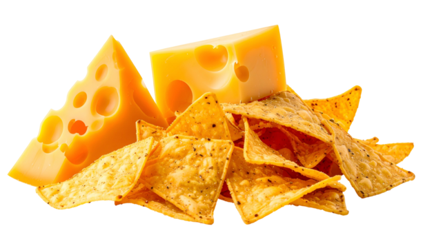 Triangular tortilla chips and sliced Swiss-style cheese arranged on a transparent backdrop