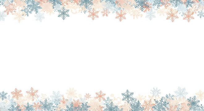 Soft pastel winter snowflake border on a white background, an elegant and festive frame for holiday greetings or seasonal design projects