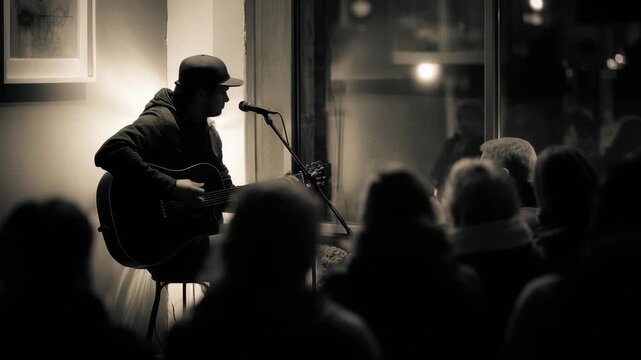 A singer songwriter plays guitar and sings into a microphone in front of a small crowd at a trendy coffeehouse. The scene radiates creativity, relaxation, and the charm of live acoustic performances