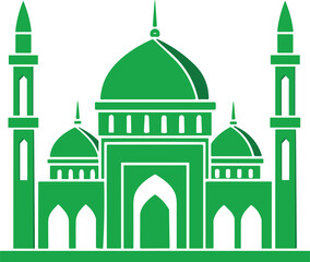 Green mosque vector illustration, Islamic architecture design, dome and minarets, religious building, cultural symbol, spiritual art, stock graphic, symmetrical layout