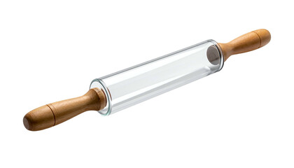 A glass rolling pin with wooden handles, isolated on a black background