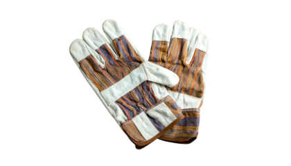 Pair of work gloves, white with colored leather patches, laid on a black background