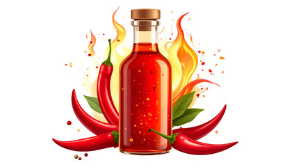 A bottle of fiery hot sauce, chili peppers, and flames erupt from the background