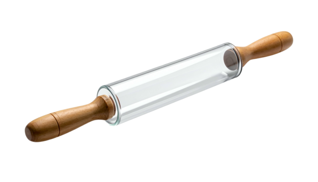A glass rolling pin with wooden handles, isolated on a black background