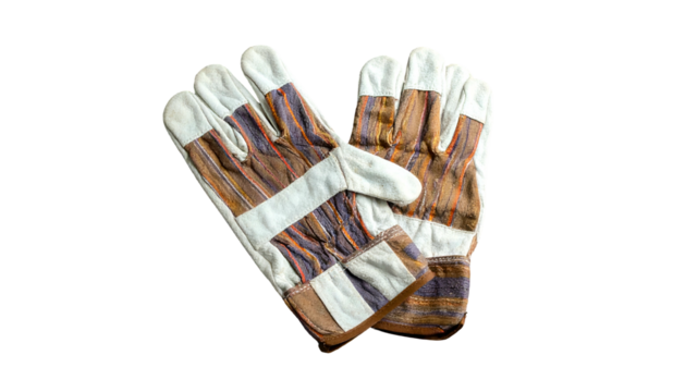 Pair of work gloves, white with colored leather patches, laid on a black background