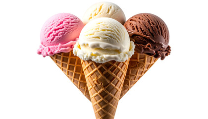 Four waffle cones hold various scoops of colorful ice cream against a black backdrop
