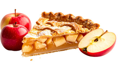 A slice of golden-crusted apple pie beside fresh red apples, a cut apple visible
