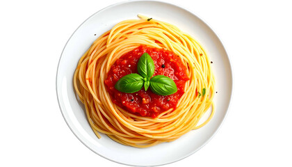 Overhead view of spaghetti with red sauce, garnished with basil leaves, on a white plate
