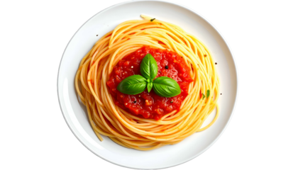 Overhead view of spaghetti with red sauce, garnished with basil leaves, on a white plate