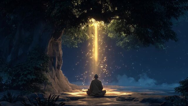 buddhist monk sitting in deep meditation beneath a large fig tree at night, as a golden beam of light shining down onto his head. enlightenment crown chakra awakening nirvana cosmic light transcendent