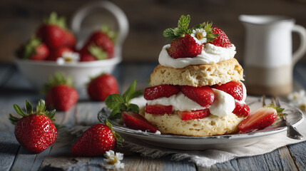A layered dessert with strawberries, soft biscuits, and whipped cream. Strawberries add color and freshness to the presentation. Highlights: strawberries, cream, biscuits.
