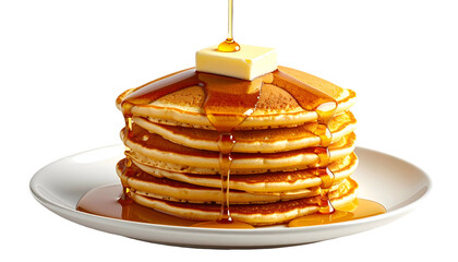 Golden stack of fluffy, round breakfast cakes with butter melting atop, and syrup cascading