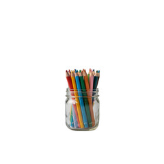 Fototapeta premium Vibrant collection of sharpened colored pencils stored upright in a clear glass jar isolated on a clean background