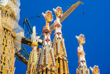 Barcelone, Spain - July 12 2025: The Stunning beautiful towers of Sagrada Familia Basilique in...