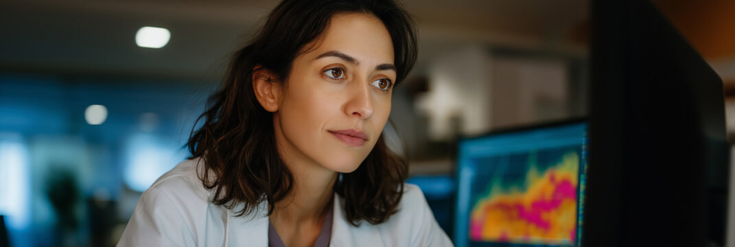 A professional woman engages with her computer, analyzing complex data visualizations. This image emphasizes concentration, intellect, technology, and data-driven decision-making.