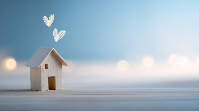 A tiny wooden house with two handdrawn hearts, set on a wooden surface with a soft, blurred background of bokeh lights and a gentle sky
