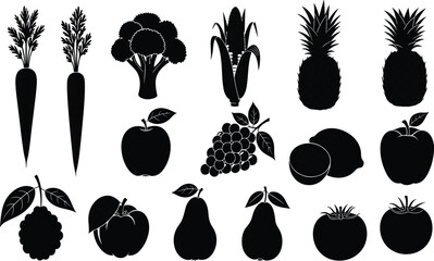 Fruit and vegetable silhouettes collection, healthy food vector illustration, black botanical outlines, organic diet design, nutrition theme artwork, decorative stock graphic set