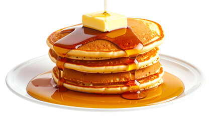 A stack of fluffy golden pancakes topped with melting butter and glistening syrup on a white plate
