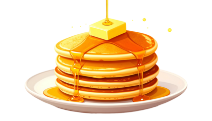 A stack of fluffy golden pancakes drenched in syrup with a pat of butter, on a white plate